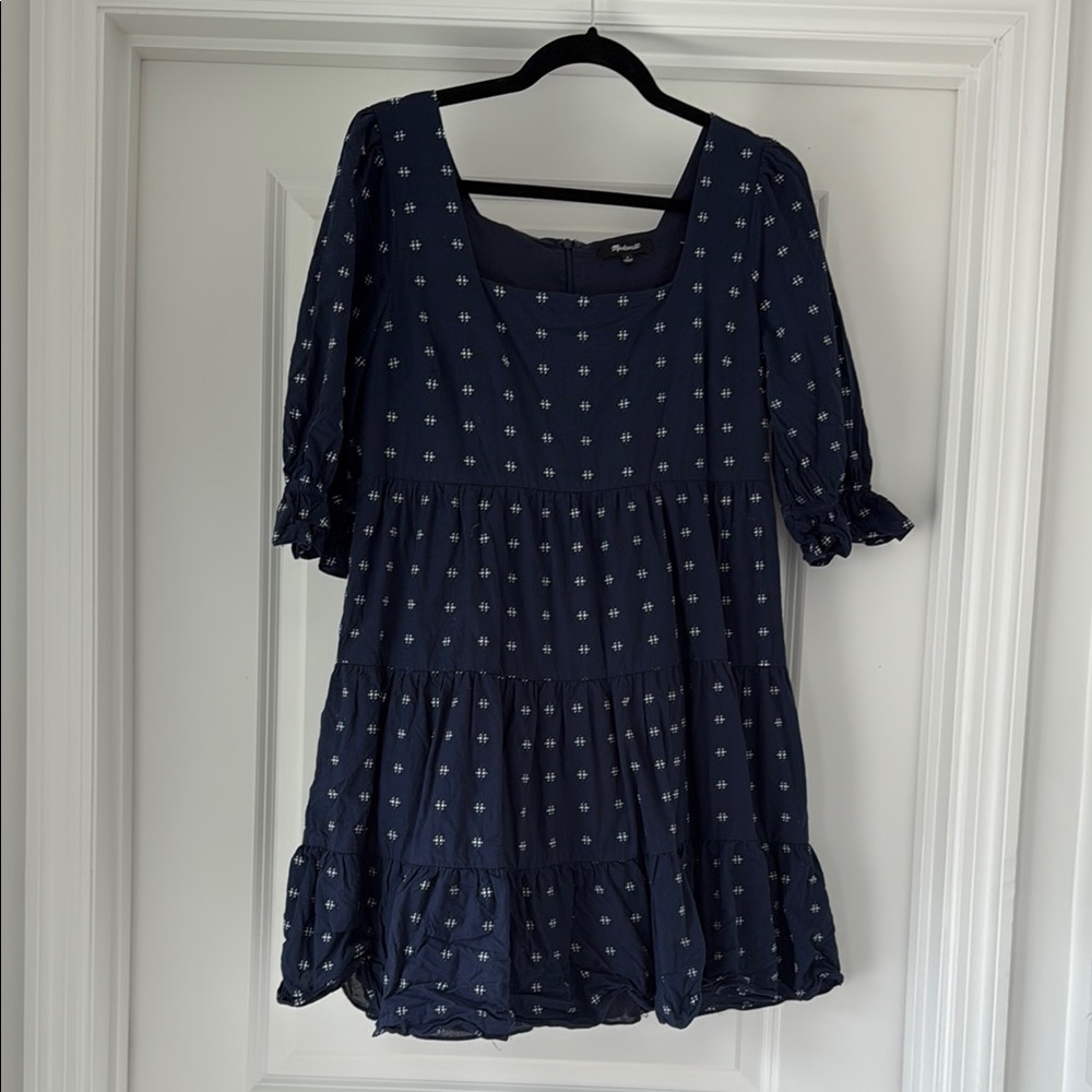 Madewell Dark Blue Dress with White Stitched Pattern  | Summer Preppy Coastal